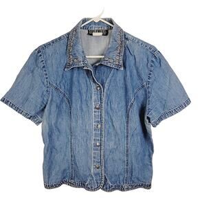 Vintage Signature by Jerell denim embroidered collar short sleeve button up top